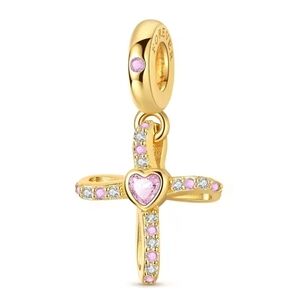 Gold and Pink Diamond Heart Cross Dangle Charm Sterling Silver 925